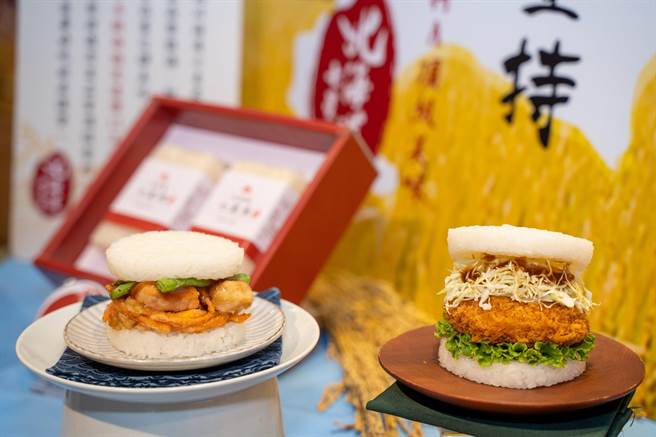 摩斯汉堡推「北海道七星米」限定品，包括鲑鱼天妇罗珍珠堡、明太子可乐饼珍珠堡。（摩斯汉堡提供）