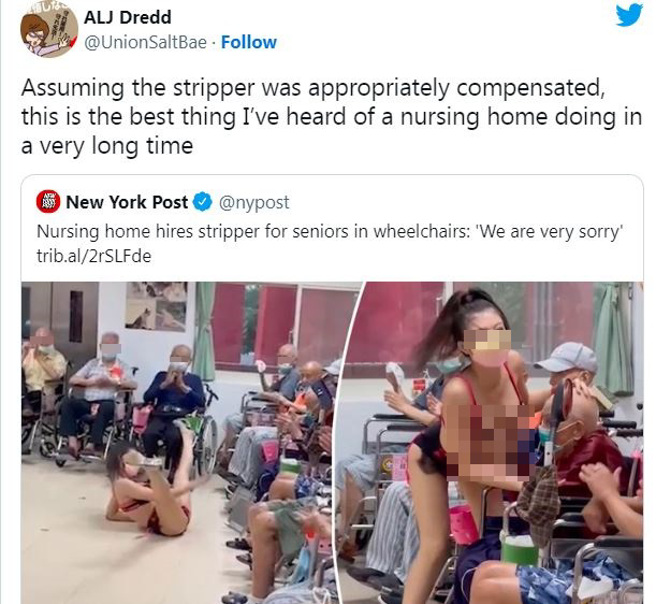 桃园荣民之家在中秋节活动上请辣妹热舞、提振老人家精神的事件受到外媒报导，外国网友热烈回应，大讚安养院的活动。（图／撷取自推特）