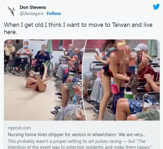 桃园荣民之家在中秋节活动上请辣妹热舞、提振老人家精神的事件受到外媒报导，外国网友热烈回应，有人甚至说想来台湾。（图／撷取自推特）