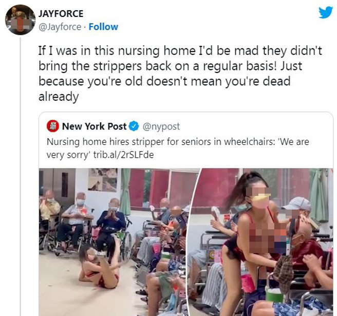 桃园荣民之家在中秋节活动上请辣妹热舞、提振老人家精神的事件受到外媒报导，外国网友热烈回应，有人说希望以后入住的安养院能经常举办此类活动。（图／撷取自推特）