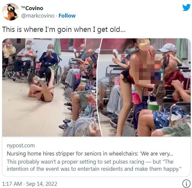 桃园荣民之家在中秋节活动上请辣妹热舞、提振老人家精神的事件受到外媒报导，外国网友热烈回应，称想入住有此类活动的安养院。（图／撷取自推特）