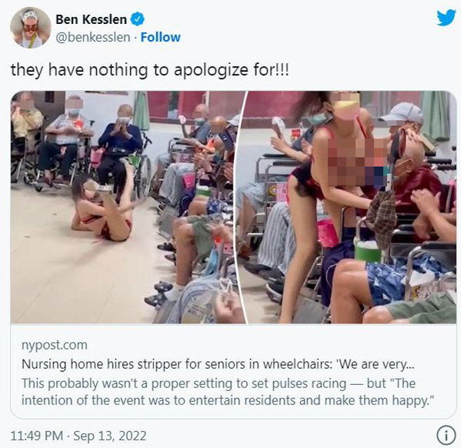 桃园荣民之家在中秋节活动上请辣妹热舞、提振老人家精神的事件受到外媒报导，外国网友热烈回应，认为安养院没什么好道歉的。（图／撷取自推特）