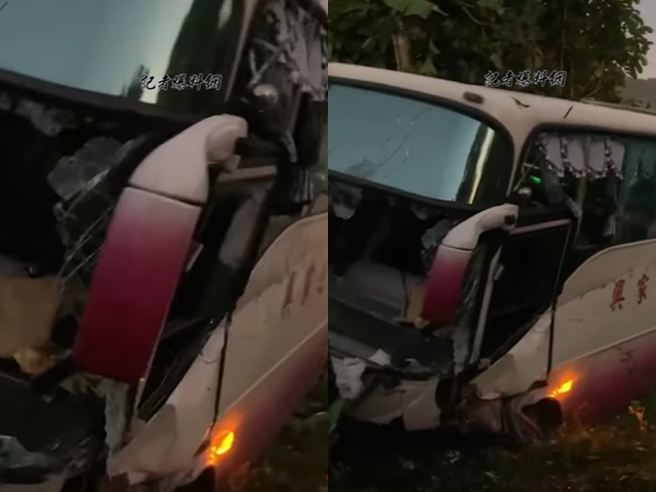 乘客事后质疑司机在摔落前完全没减速，直接斜切路面，司机则解释，他当下发现汽动帮浦已没气可煞，无法踩煞车之下只能往边坡衝去。（翻摄照片）