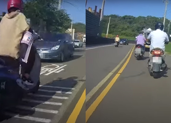 騎士驚見黑絲妹竟跨越雙黃線逆向想超車，逼得對向2汽車偏右邊讓路。（翻攝自YouTube頻道「WoWtchout - 地圖型行車影像分享平台」）