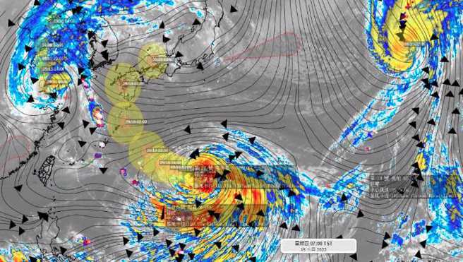 南马都位在台湾东方，外围环流很大，北上时带来东北风，周末北台湾有雨。(翻摄自彭启明脸书)