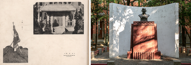 奉安殿内供奉的是日本天皇、皇后等的「御真影」(左图)，随着日本战败，国民政府接收台湾，奉安殿被改为孙中山铜像基座(右图)。(图片提供/左图：高雄中学、右图：高雄市立歷史博物馆)
