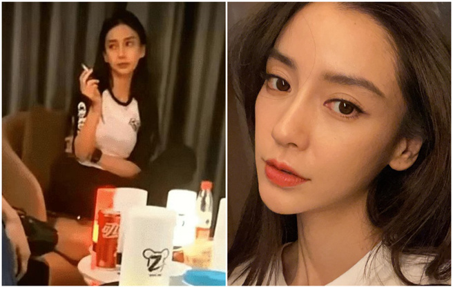 Angelababy私下盘腿抽菸，结果被偷摄影。（图／微博；IG@Angelababy）