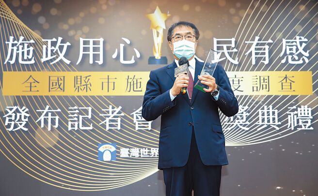 台湾世界新闻传播协会14日举行《施政用心 人民有感》全国县市施政满意度调查发布暨赠奖典礼记者会，图为台南市长黄伟哲发表感言。（陈俊吉摄）
