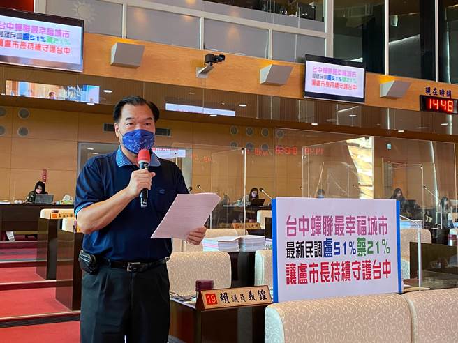 台中市議員賴義鍠16日質詢時表示，從民調可以看出大家對媽媽市長的肯定，希望盧秀燕繼續守護台中。（張亦惠攝）