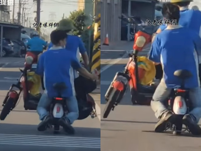 有网友日前在路上目击2名外籍移工共同骑着1辆电动自行车「3贴」，而夹在2人之间的是另一辆电动车，惊悚画面在网路疯传。（翻摄自脸书「记者爆料网」）