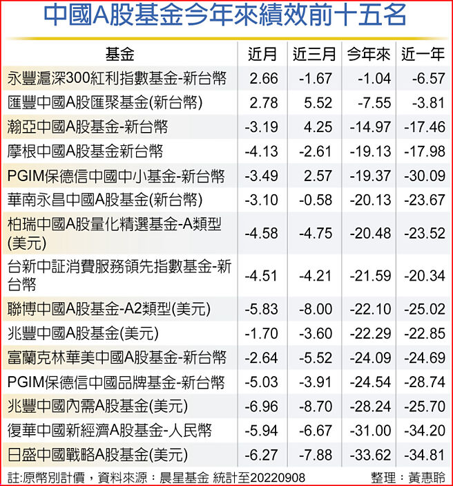 中国A股基金今年来绩效前十五名
