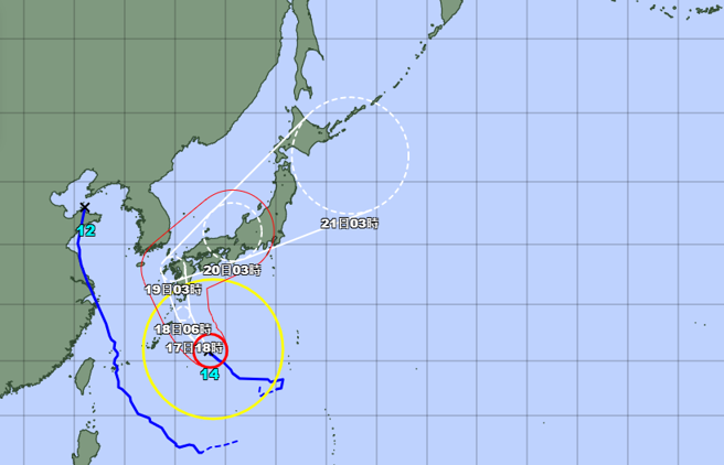 南玛都颱风将登陆九州，对日本带来严重威胁。（翻摄日本气象厅）