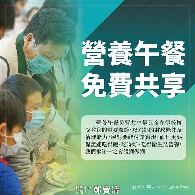 桃園市長參選人鄭寶清再端出「國中小營養午餐全免」政見。（鄭寶清提供／陳夢茹桃園傳真）