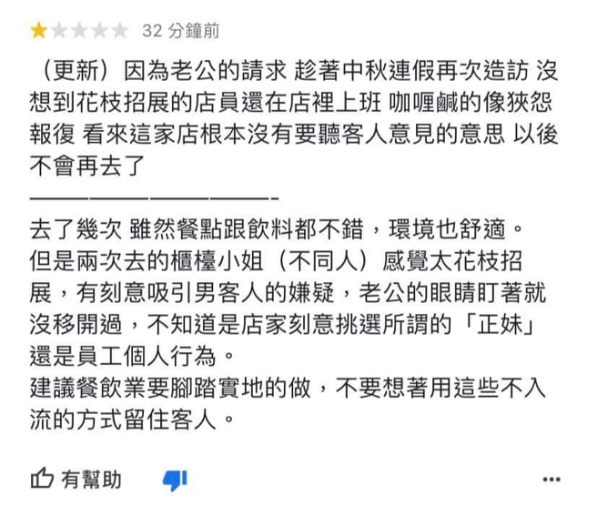 餐厅收到1则Google负评，1名女客人称店员打扮地花枝招展，「有刻意吸引男客人的嫌疑」，还说她的老公一直盯着看，直言不会再去了。（翻摄自脸书「爆怨公社」）