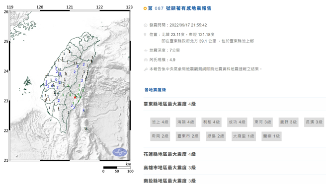 21:55台東地區再度發生規模4.9餘震。(圖／氣象局)