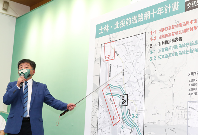  民进党台北市长参选人陈时中（见图）18日出席「士林北投前瞻路网十年计划」公布记者会，亲自说明士林北投前瞻路网10年计画，主张洲美快桥梁延长1.9公里串接国道，抬高改建百龄桥，并将下面的通河东、西街拓宽至4线道，让都市变美丽。（陈俊吉摄）