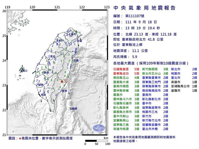 稍早13时19分出现规模5.9余震，为昨日规模6.4主震后最大余震。（气象局提供）