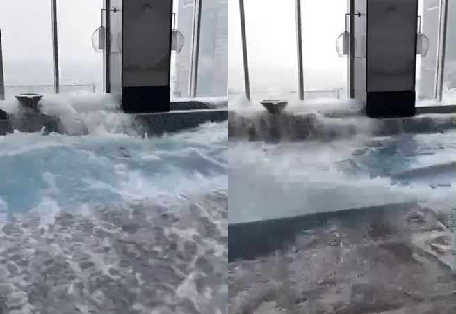 高雄豪宅泳池卷起大浪，民眾惊吓逃生。（图／翻摄自记者爆料网）