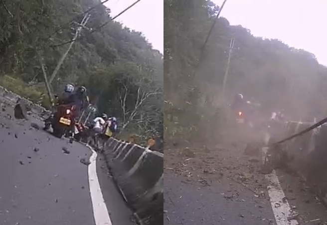 惊悚影片曝！阿婆湾「大片土石」崩落，骑士护头逃命。（图／翻摄记者爆料网）