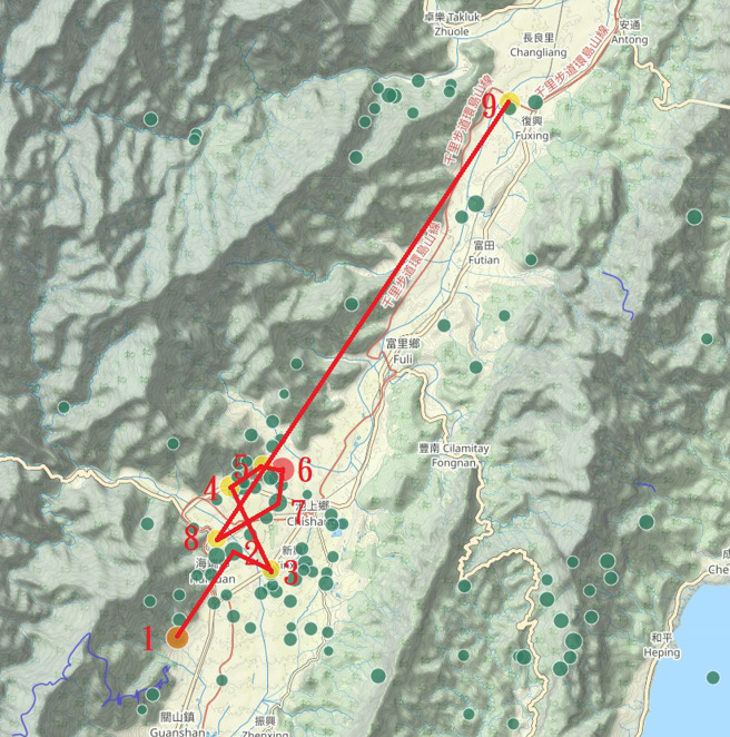 地震編號1到8全都集中在台東池上鄉附近，地震編號9和其他地震則是位在復興位置。（圖／翻攝自鄭明典臉書）
