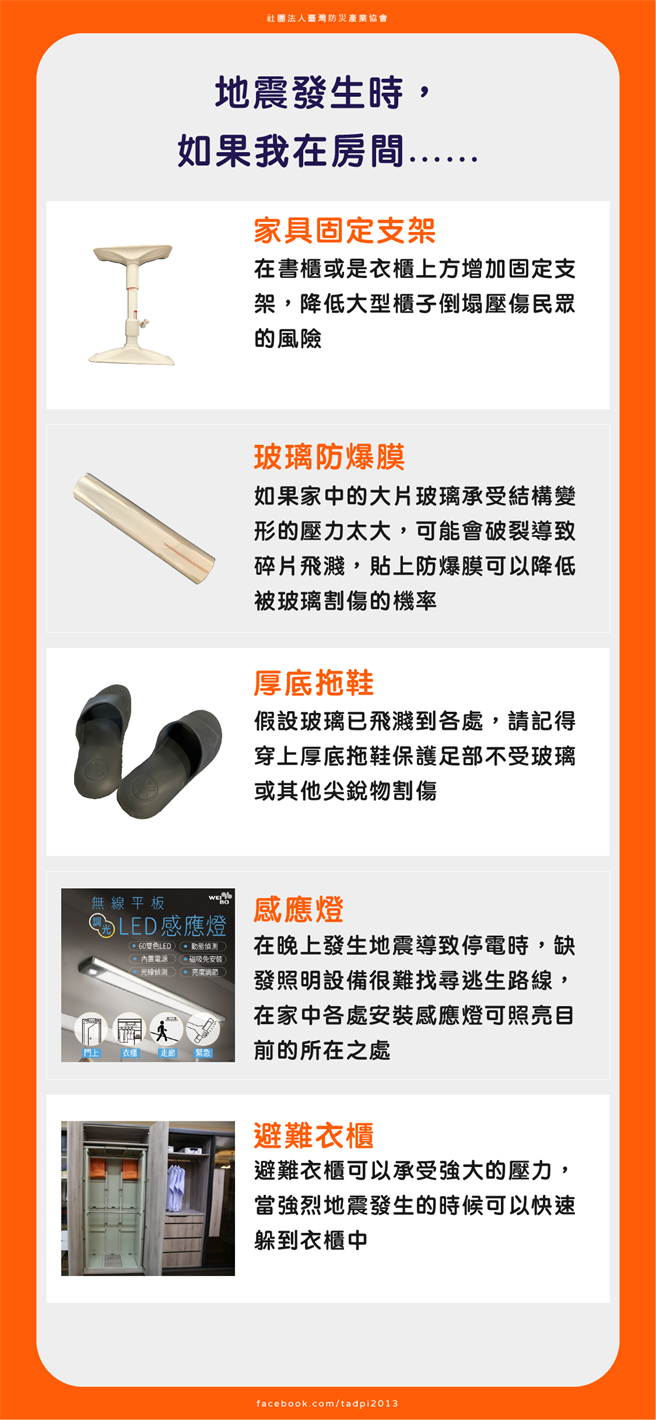 在书柜或是衣柜上方增加固定支架，降低大型柜子倒塌压伤民眾的风险，如果家中的大片玻璃承受结构变形的压力太大，可能会破裂导致碎片飞溅，贴上防爆膜可以降低被玻璃割伤的机率，假设玻璃已飞溅到各处，记得穿上厚底拖鞋保护足部不受玻璃或其他尖锐物割伤。（台湾防灾产业协会提供）