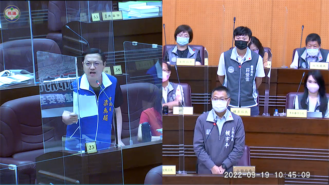 梁为超逼问体育局长庄佳佳、工务局长赖宇亭：「有何感想？是否会影响桃园建设形象？」(蔡依珍摄)