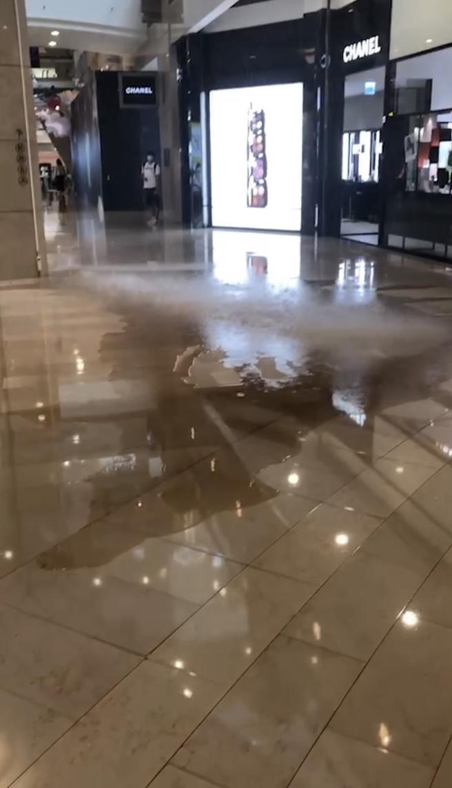台北101精品区楼面今（19 日）发生积水状况。（民眾提供）