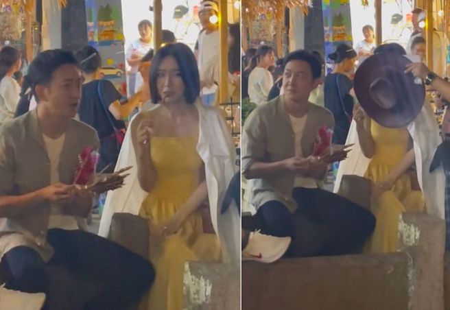 秦岚坐在路边吃美食，女助理拿帽子遮吃相。左为王阳。（图／微博）