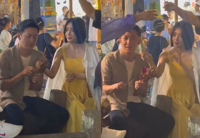 王阳、秦岚把串烤递给工作人员。（图／微博）