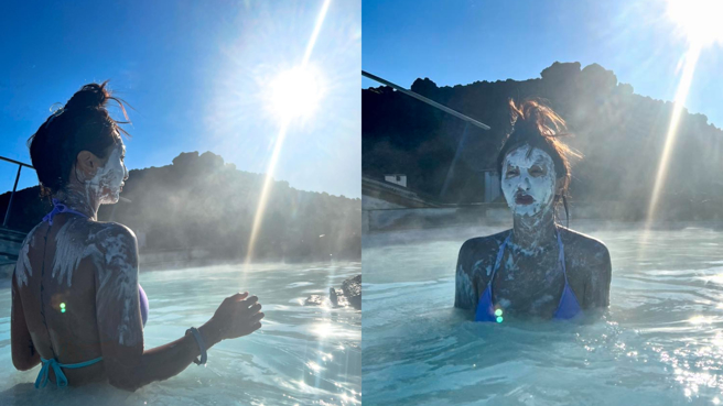 蔷蔷脸上狂抹蓝舄湖火山泥，称想趁面膜不用钱美容。(图/蔷蔷 FB)