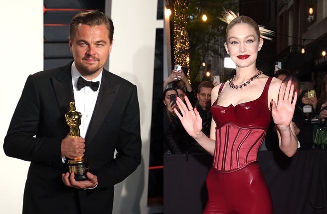 李奥纳多（左）近日传出与超模吉吉哈蒂德（右）热恋，甜蜜互动全被拍。（图／达志影像）