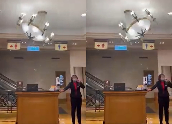 网友拍下饭店内水晶吊灯「狂摇晃旋转」，1名女服务人员竟还站在下方引导客人，不禁让人捏一把冷汗。（翻摄自脸书爆料公社）