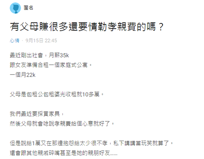 有钱父母嫌弃儿子孝亲费给不够。(图/翻摄自Dcard)