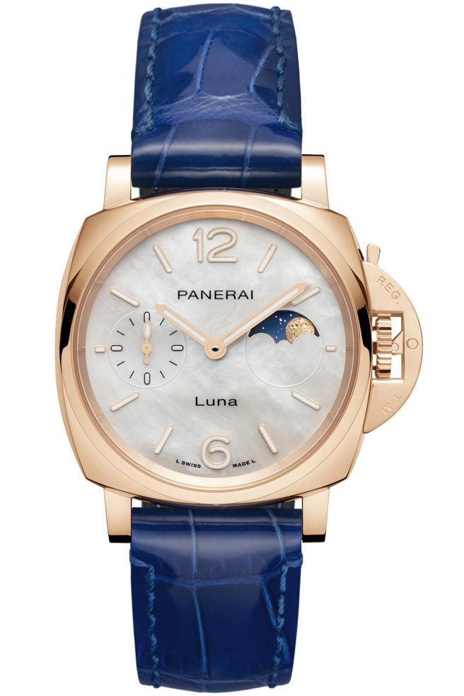 沛纳海Luminor Due Luna奢华版Goldtech红金搭珍珠母贝表盘腕表，61万5000元。（Panerai提供）