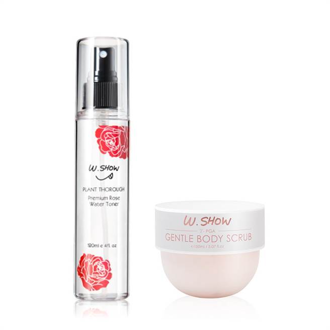 滿額贈（左）玫瑰水7000滿額贈 （右）沐浴煥膚去角質霜3700元滿額贈。（Ｗ.SHOW提供）