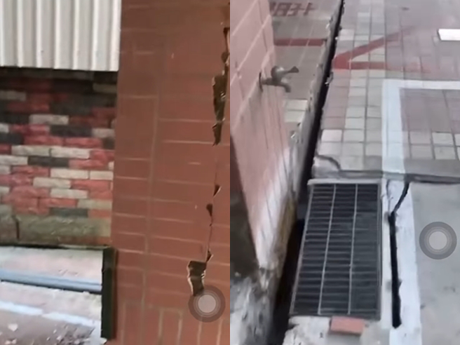 网友在花莲玉里的「星钻大楼」拍下影片，该大楼1楼公设不但多处磁砖崩落，墙面出现数条大裂缝，也有地面陷落，网友称大楼目前已前倾，相当危险。（翻摄自脸书「爆料公社」）