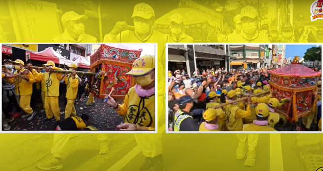 不過白沙屯媽祖的鑾轎還是有讓廖老大飲料加盟店的員工與信徒們「鑽轎腳」。（翻攝自白沙屯拱天宮YouTube）