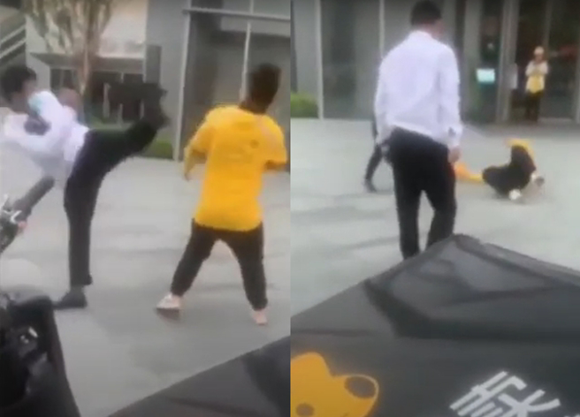 1名外送员疑似恣意将机车停在某广场送餐，送完后和保全人员爆发衝突，外送员当场被打趴在地。（翻摄自推特）