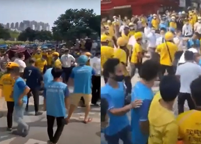 事后该名外送员找来同仁助阵，现场竟来了上百名外送员，只见保全人员被团团围住。（翻摄自推特）