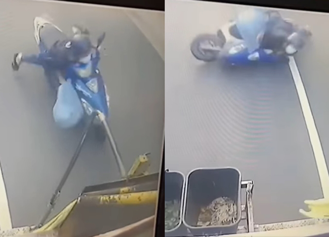 男子单手骑车拿着一袋垃圾追垃圾车，当他快追到时奋力一甩，却一个重心不稳连人带车又带垃圾的惨摔在地。（翻摄自脸书爆废公社公开版）