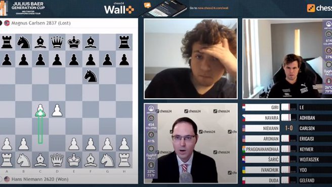 國際象棋網站直播卡爾森對尼曼的棋賽，比賽結果大爆冷門。（圖／推特@motherboard）