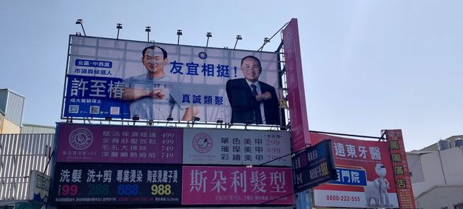 台南街头国民党议员与新北市长侯友宜的联合看板，引发民眾好奇是否「母鸡不够力」的讨论。(民眾提供)
