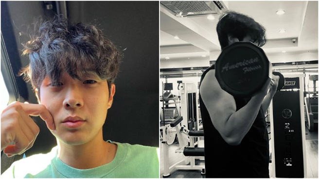 崔宇植健身举哑铃，展现粗壮二头肌。（图／崔宇植ig@dntlrdl）