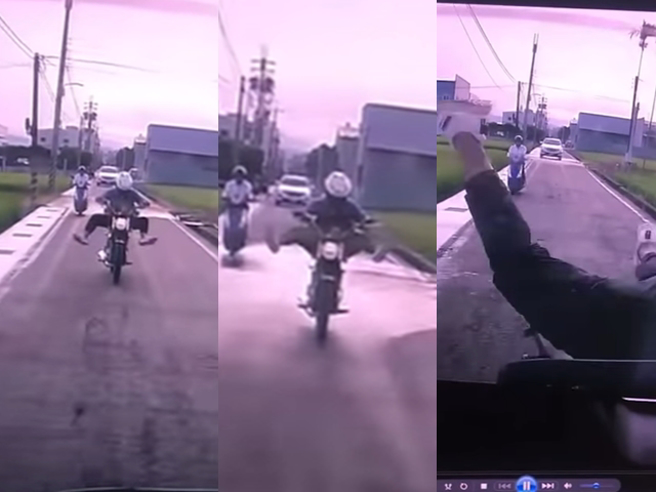 檔车骑士在路上疑似为了闪避地上积水，把脚抬得很高，后来又疑似为了耍帅炫技，继续把脚张得开开，不过他没注意前方路状，直接撞上前车屁股。（翻摄自脸书「重机车友 各区路况天气、资讯分享中心」） 