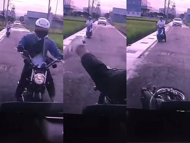 檔车骑士在路上疑似为了闪避地上积水，把脚抬得很高，后来又疑似为了耍帅炫技，继续把脚张得开开，不过他没注意前方路状，直接撞上前车屁股。（翻摄自脸书「重机车友 各区路况天气、资讯分享中心」） 