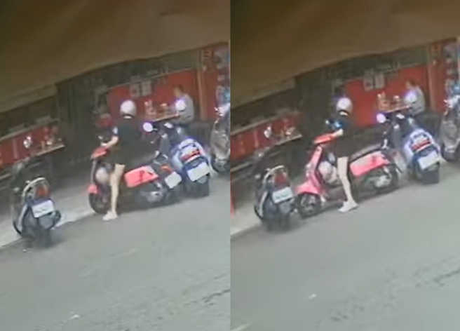 男子抱怨菜市場的三寶不願用牽的方式將車移出來，反而是坐在機車上不斷前後來回方式把車移出來，還不慎撞到旁邊的電動機車。（翻攝自臉書爆怨公社）