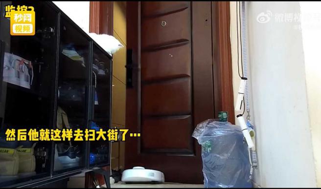男子调阅监视器发现，放扫地机器人出去逛大街的「凶手」，竟是家中猫皇。（图／翻摄自微博）