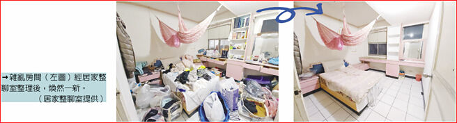 杂乱房间（左图）经居家整聊室整理后，焕然一新。（居家整聊室提供）