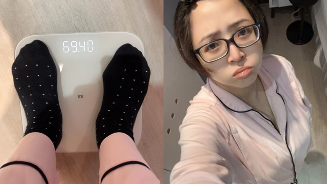 李亮瑾产后7天体重是69.4公斤，让她情绪崩溃，一度懊恼站上体重机。(图/李亮瑾 FB)