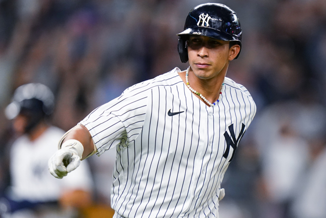 洋基新秀卡布瑞拉(Oswaldo Cabrera)首局敲大滿貫，完成大聯盟史上首見紀錄。(美聯社)